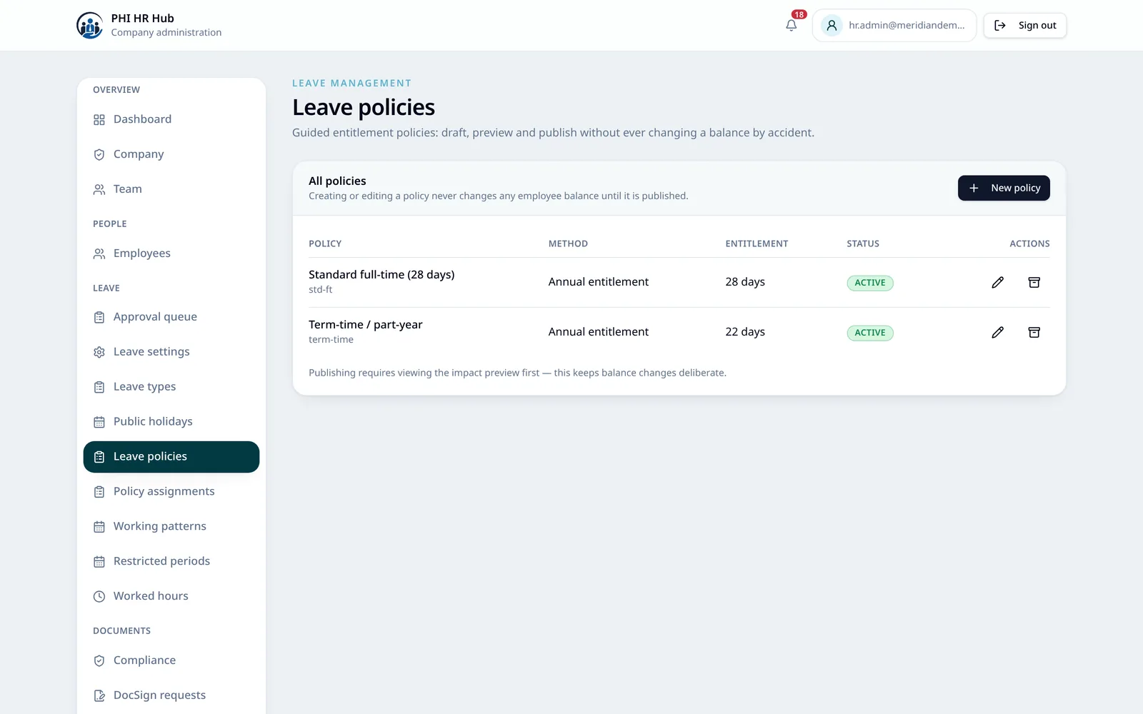 PHI HR advanced leave policy configuration screen with accrual and entitlement rules for a synthetic demo company.