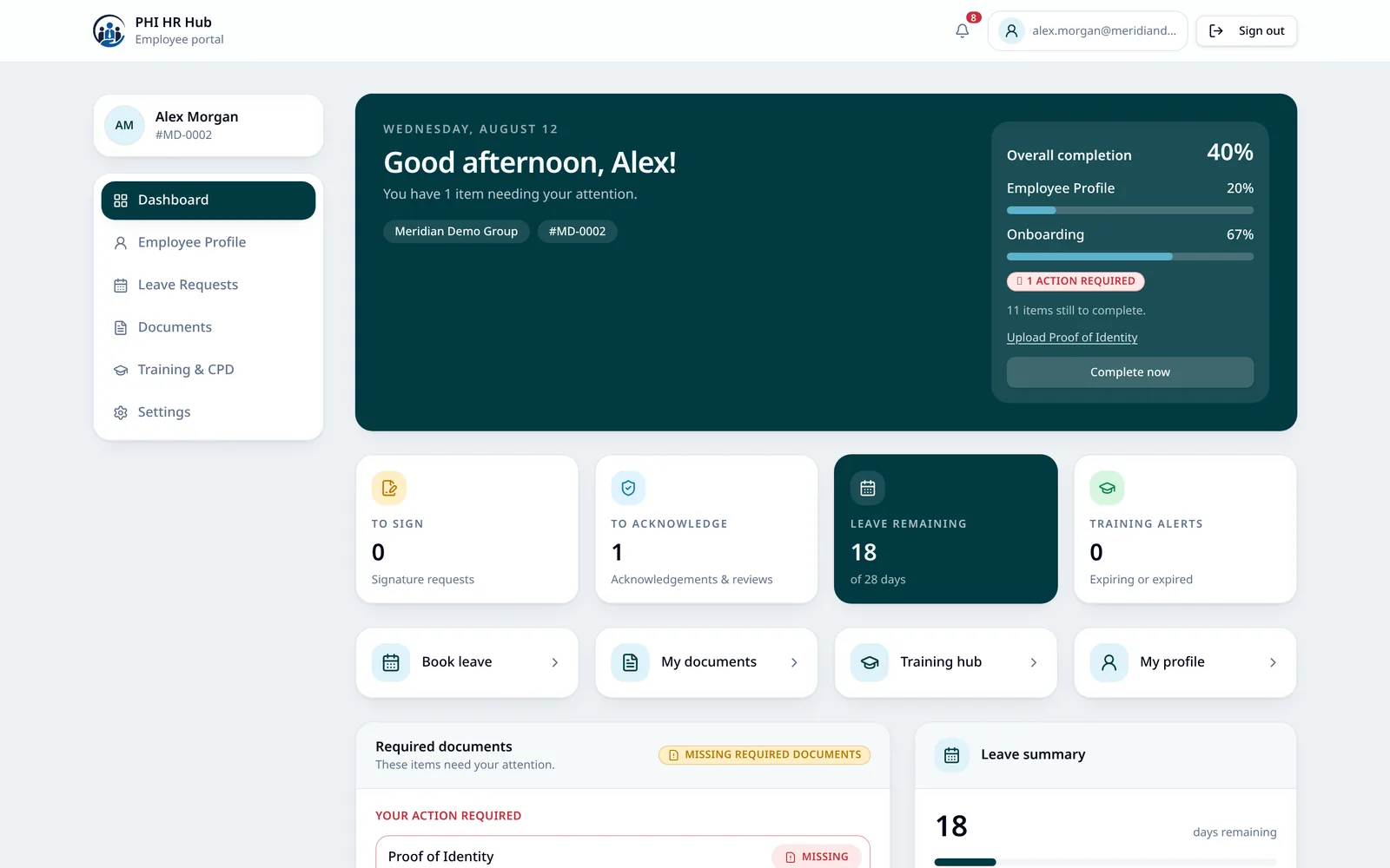 PHI HR employee self-service portal dashboard showing outstanding actions, leave balance and upcoming items for a fictional demo employee.