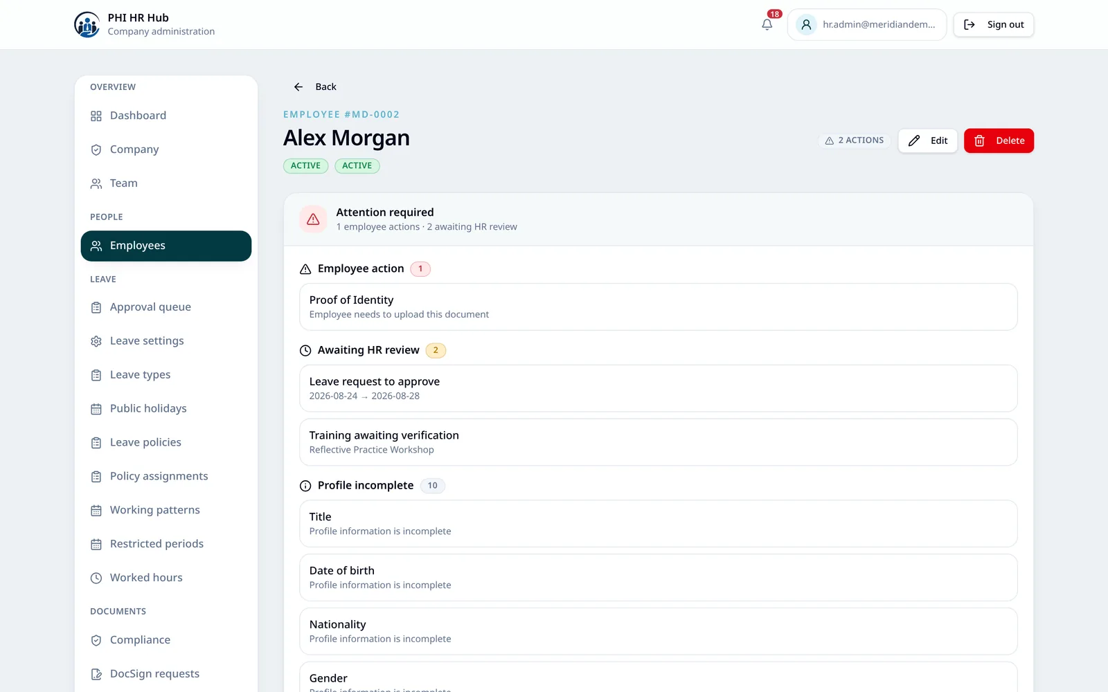 PHI HR employee profile screen showing outstanding employee actions, items awaiting HR review and profile completeness, using synthetic demo data.