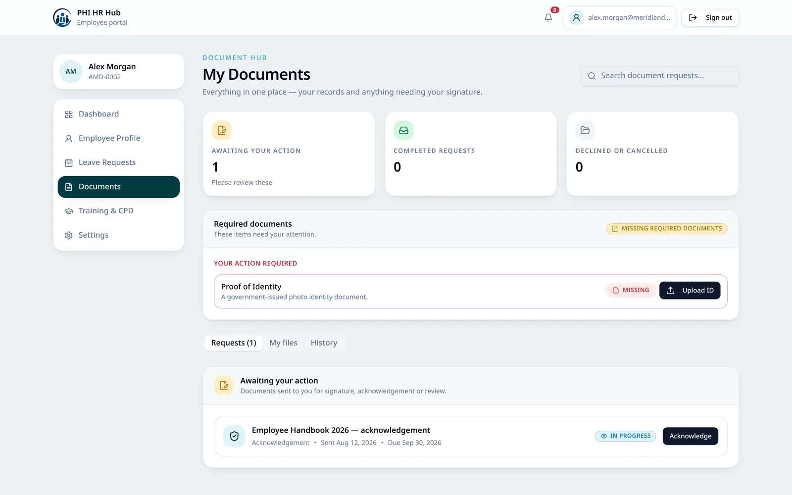 PHI HR employee portal documents screen listing required documents and their upload status for a fictional demo employee.