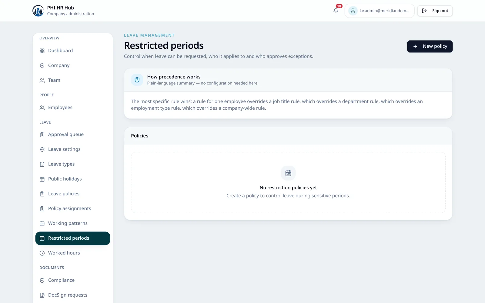PHI HR restricted periods configuration screen showing block-out dates and exception handling.